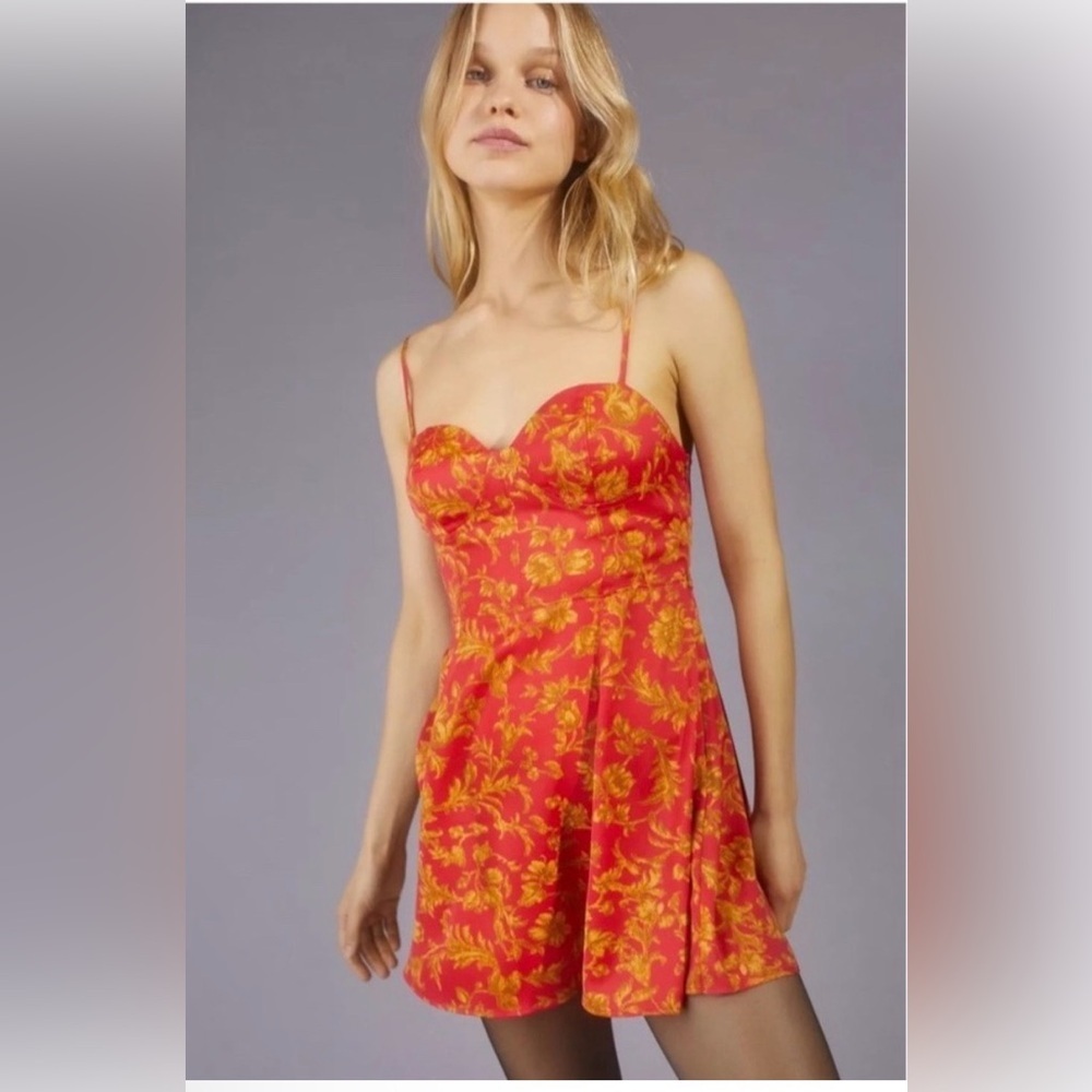 Urban Outfitters Satin Red and Gold Floral Strap Dress